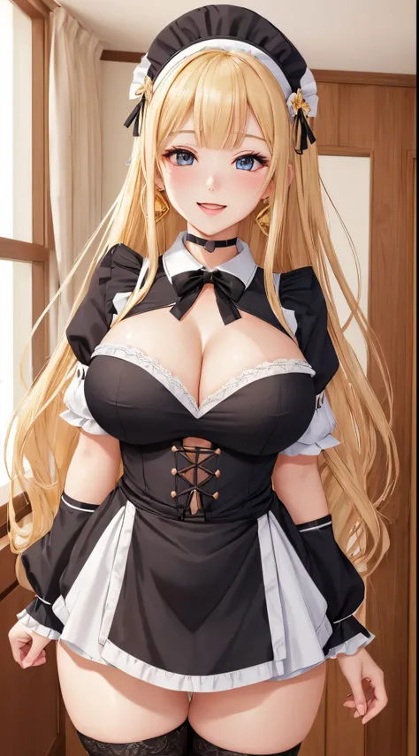 (Best Quality, masutepiece, Official art, hight resolution:1.2), the Extremely Detailed CG Unity 8K Wallpapers, photographrealistic, ultra-detailliert, (24-year-old Russian girl, Solo, maid), Long hair, (Blonde hair:1.2), (Bangs), Smile, prefect face, Pre-...