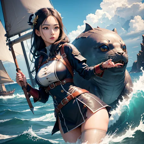 超A high resolution、An ultra-high picture quality、8K、Detailed details、marvelous expression、1 person woman、Seal monster is your buddy、Monster Hunter Character Costumes、Have a big weapon、Background of the coast with ocean sailing ships visible、