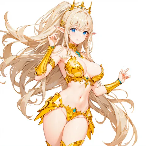 ​masterpiece、top-quality、ighly detailed、hight resolution、１６ｋ、fullnude、teats、Boob proportions、golden armour、Very thin skirt、Black pants、Full body like、Very white skin、Beautiful fingers、Anime girl with very big breasts posing naked、Perfect Style、elvish、no-br...