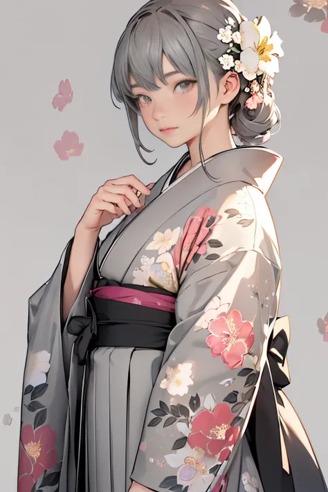 (((gray floral background:1.3)))、Best Quality, masutepiece, High resolution, (((1girl in))), sixteen years old,(((Eyes are gray:1.3)))、Gray kimono、((beautiful gray kimono)), Tindall Effect, Realistic, Shadow Studio,Ultramarine Lighting, dual-tone lighting,...