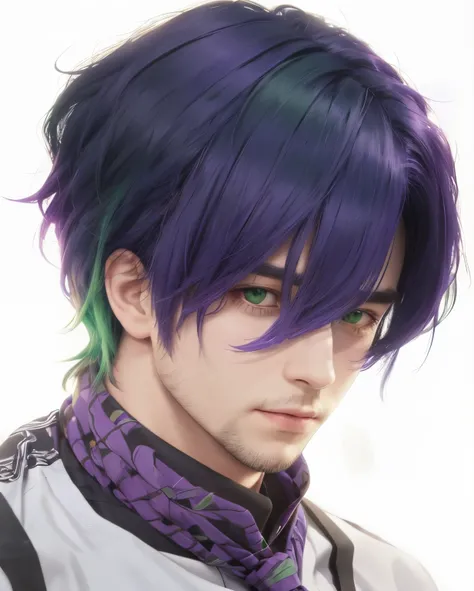 A man with realistic purple and green hair, the same realistic hairstyle, realistic handsome face, realistic cool expression, adapt Exactly the same clothes, realistic light, realistic shadows, realistic background