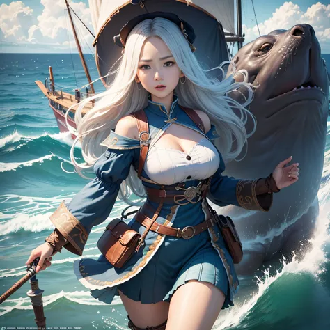 超A high resolution、An ultra-high picture quality、8K、Detailed details、marvelous expression、1 person woman、Seal monster is your buddy、Monster Hunter Character Costumes、Have a big weapon、Coastal background with ocean sailing ships visible、