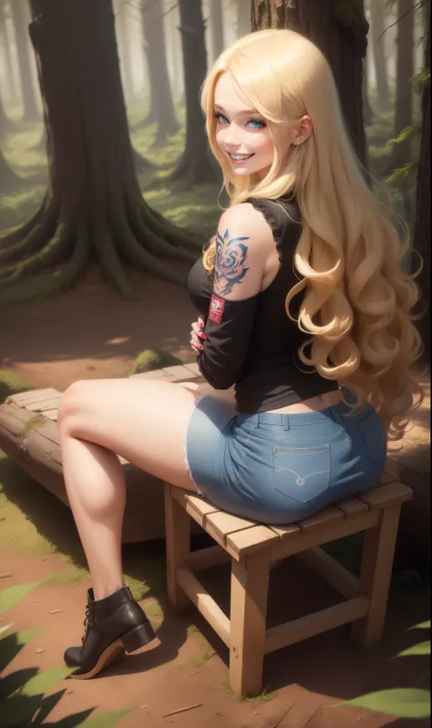 sitting, thighs, buttocks, miniskirt, long hair, curly hair, blonde hair, blue eyes, grin, forest, tattoo, from above