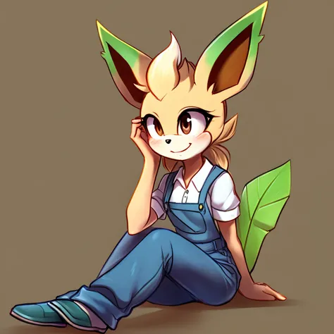 Female, mobian, Leafeon, brown eyes, furry, shy smile expression, white top with rolled up sleeves, teal overall dress, dark blue pants slightly rolled up above ankles, hair bang, shoulder length hair, light pale tan muzzle, light pale tan fur