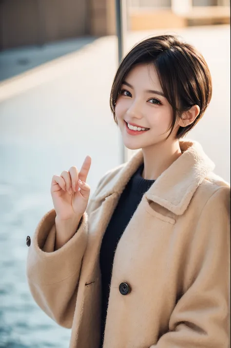 Gentle and cute girl，Short hair details，Autumn dress，Woolen coat，Toothy smile，Raise your right hand to your shoulder，half body photography effect，Photographic works，high high quality