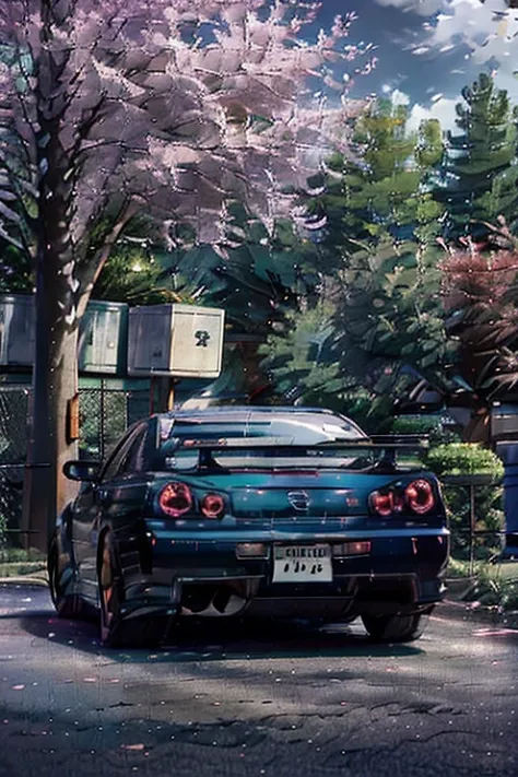 a nissan gtr driving on the road, nissan gtr r34, car color black, auntum season, leaves falls