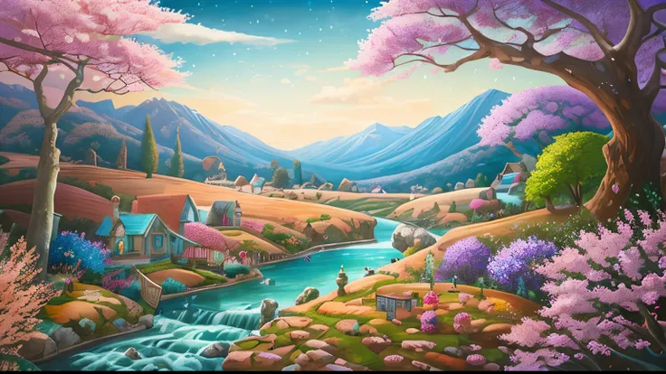 A beautiful landscape painting，There is a stream and a butterfly, Whimsical fantasy landscape art, cherry blossom forest, magical scenery, Made of trees and fantasy valley, mythical floral hills, Mysterious fantasy landscape, an beautiful，art illustration,...