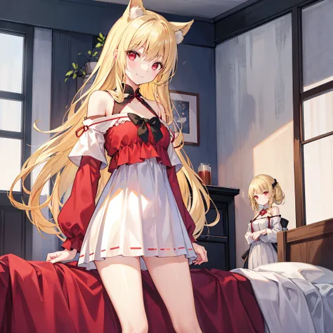 long blonde hair、one beautiful girl with red eyes、独奏、Casual dress、off shoulders、a miniskirt、A smile、inside in room