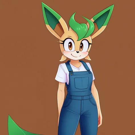 Female, mobian, Leafeon, brown eyes, furry, shy smile expression, white top with rolled up sleeves, teal overall dress, dark blue pants slightly rolled up above ankles, hair bang, shoulder length hair, light pale tan muzzle, light pale tan fur