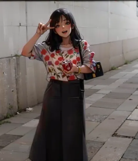 style of anime，The background is a street scene from Japanese anime，girl finger thanye，Looking at the camera and smiling，Big eyes of the water spirit，Textured clothing and skirts，