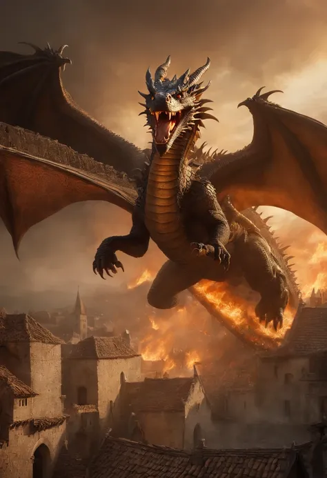 In the town of a medieval European style, a fierce dragon with scales shimmering in the sunlight suddenly appears. It roars with terrifying power, causing the earth to tremble. The dragons enormous wings spread wide, casting a shadow over the entire town. ...