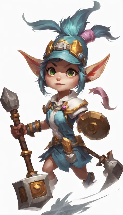 Determined yordle，With Oren&#39;s legendary hammer，Even if the hammer handle stands as tall as two of her。white backgrounid，