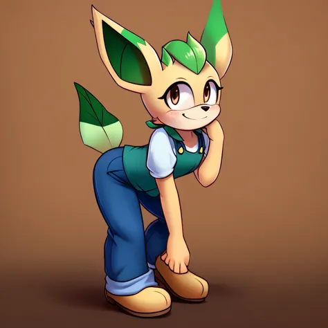 Female, mobian, Leafeon, brown eyes, furry, shy smile expression, white top with rolled up sleeves, teal overall dress, dark blue pants slightly rolled up above ankles, hair bang, shoulder length hair, light pale tan muzzle, light pale tan fur