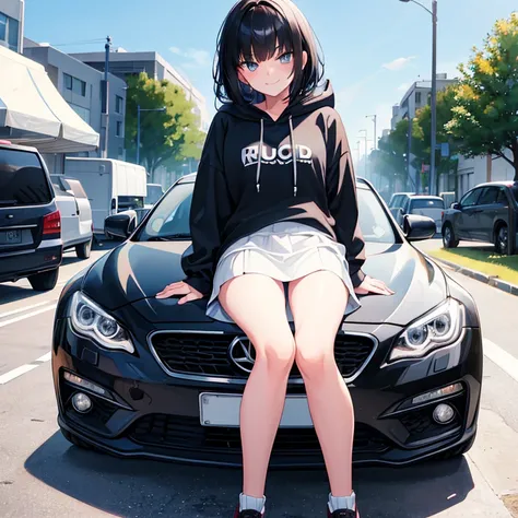 Girl, Blackhaired, Cute face, Sit On Car Hood, Hoodie, Smirks