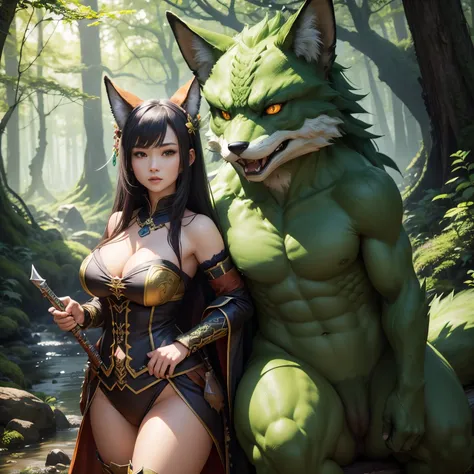 超A high resolution、An ultra-high picture quality、8K、Detailed details、marvelous expression、1 person woman、The fox monster is your buddy、Monster Hunter Character Costumes、Have a big weapon、beautiful green deep forest background、