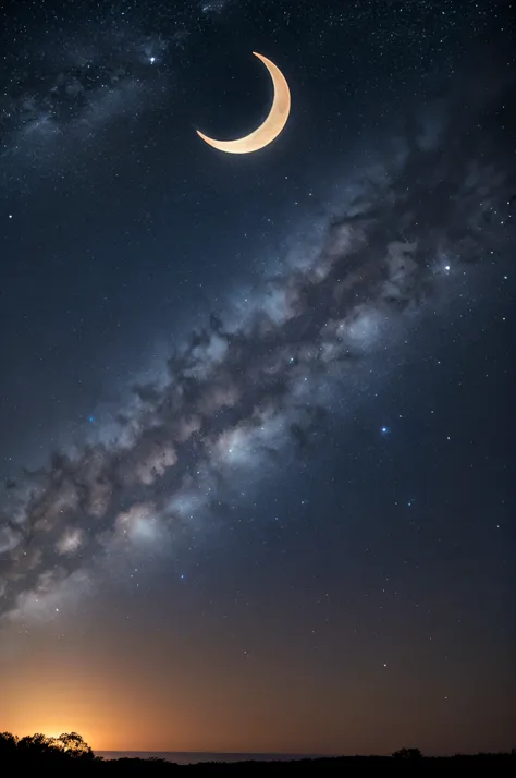 Create an image prompt featuring a realistic crescent moon. The image showcases a serene night sky with a crescent moon shining brightly. The moon is depicted with intricate details, showing its craters and natural textures. The surrounding sky is filled w...