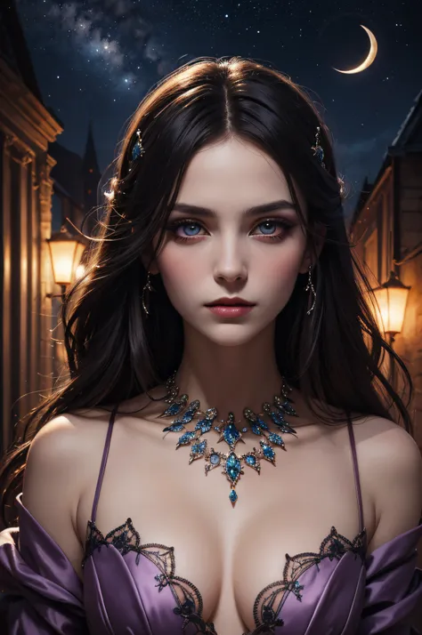 In a mesmerizingly poetic composition, an enchanting starry-eyed mauve-tinted vampire emerges, captivating onlookers with its otherworldly allure. This exquisite subject, portrayed in a brilliantly vibrant gouache painting, exudes a sense of ethereal myste...