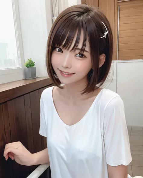 20 year old girl, Smiling,  Wear a white top, short detailed hair, Star Hairpin.