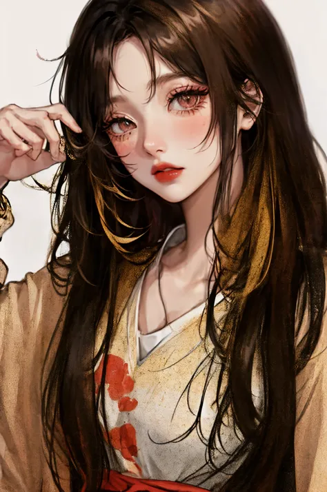 Anime style、illustratio、Watching from a distance、A dark-haired、watercolor paiting、One-Hong Makeup、Chaiborg、simple background、1 girl in、a blond、Looking at the camera、facing front、beautiful countenance、de pele branca、Glossy skin、long and bunched lashes,、Eyel...