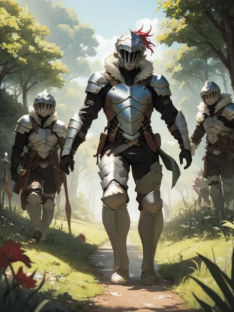 in a green meadow stands a man in armor leading a group of knights.
break
with a brave expression, she guides them toward their ...