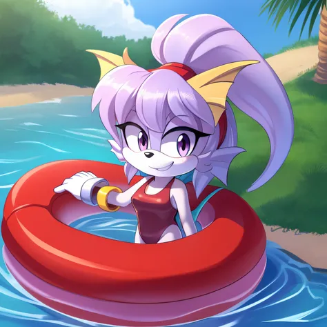 Female, mobian, Vaporeon, pale purple eyes, furry, smiling expression, red lifeguard leotard, hair bangs, ponytail, light teal muzzle, light teal fur, cuffs that look like life preservers, and scrunchy that looks like a life preserver