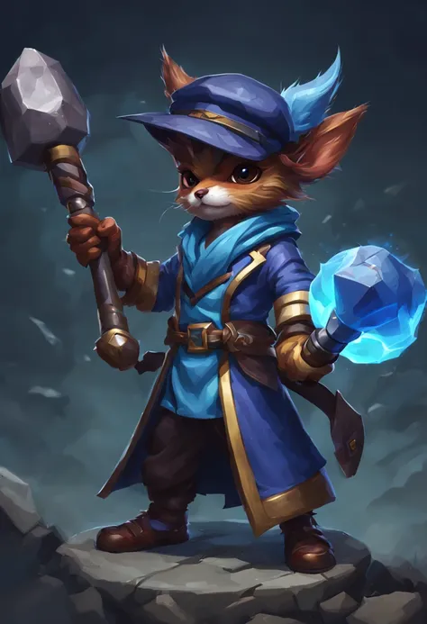 determined，yordle physician，with blue hammer，The hammer handle stands very high。