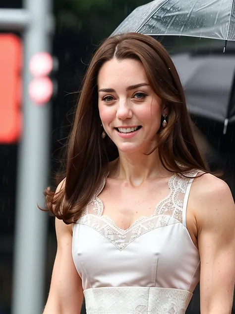 Kate, ripped muscle, muscular body, pale skin, smile(blush), lace dress, [ultra detailed skin:1.2], 8k uhd, full body, stand, sweat, cum on face, crowd, public, rain,