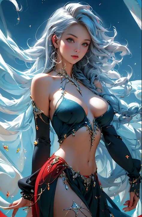 Anime girl standing in the water，Long white hair and blue dress, detailed digital anime art, 2. 5d CGI anime fantasy artwork, 8K high quality detail art, anime fantasy illustrations, fantasy art style, white-haired god, Anime fantasy artwork, Epic and beau...