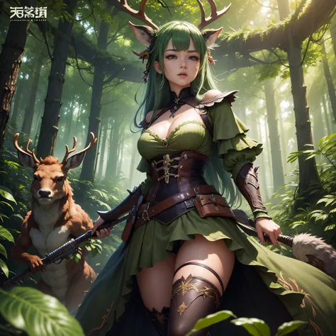 超A high resolution、An ultra-high picture quality、8K、Detailed details、marvelous expression、1 person woman、Deer monster is your buddy、Monster Hunter Character Costumes、Have a big weapon、beautiful green deep forest background、