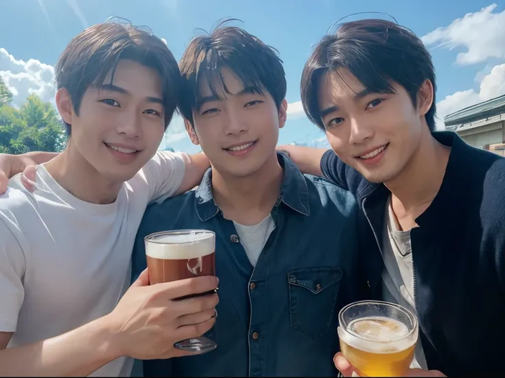 (hight resolution)、(4K) 、(photoRealstic)、Live Action、Japan male in his 20s、3 Male、3 people、natural soft light、sunlight、Three men arm in arm、blue-sky、Have a good laugh、everyone has a beer mug