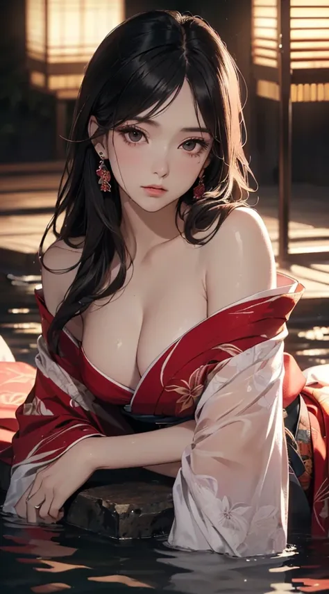 (((8k wallpaper of extremely detailed CG unit, ​masterpiece, 超A high resolution:1.2, top-quality:1.2, masutepiece))), ((extremely beautiful lady, plein air, natta:1.3, lantern, Immersion in water, lying back, sad Facial expression, extra detailed face, Hig...