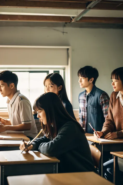 Four men and women are studying in a classroom