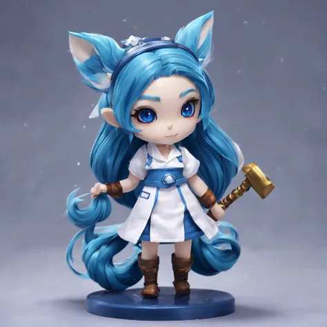 determined，yordle nurse，(blue long hair)，(dual horsetail)，with diamond hammer，The hammer handle stands very high。