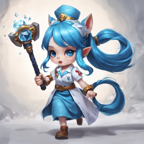 determined，yordle nurse，(blue long hair)，(dual horsetail)，with diamond hammer，The hammer handle stands very high。