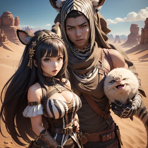 超A high resolution、An ultra-high picture quality、8K、Detailed details、marvelous expression、1 person woman、Zebra Monster is your buddy、Monster Hunter Character Costumes、Have a big weapon、vast desert oasis background、