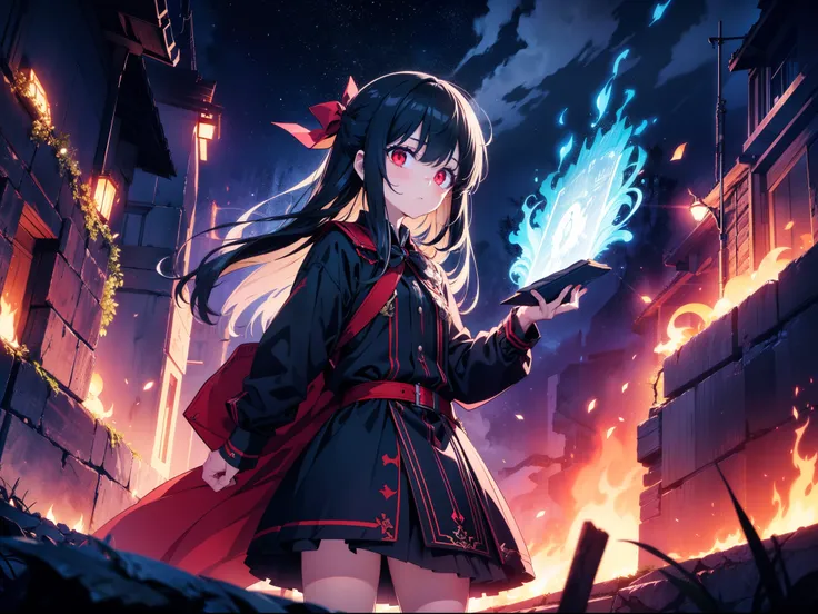 1 loli girl , standing, (holding book), (clothed in blue flames) ,((dark lighting)) ,concept art, cinematic lighting , cinematic angle , (rape face) ,black long straight hair, black hair, hair ribbon , red eyes,black dress, (glowing eyes), (((horror))) , h...