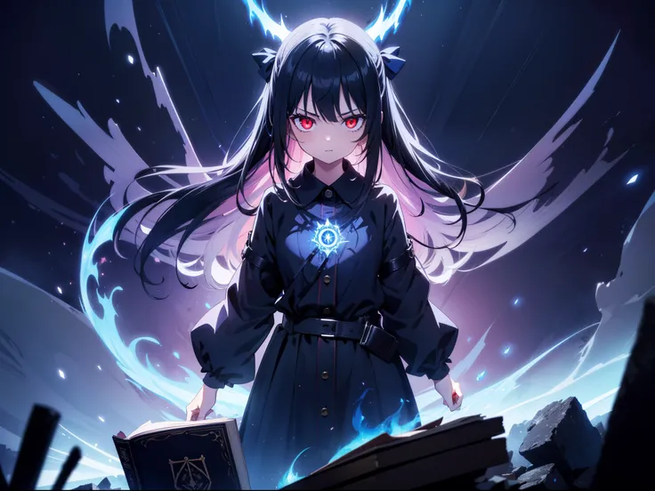 1 loli girl , standing, holding spell book, (clothed in blue flames) ,((dark lighting)) ,concept art, cinematic lighting , cinematic angle , (rape face) ,black long straight hair, black hair, hair ribbon , red eyes,black dress, (glowing eyes), (((horror)))...