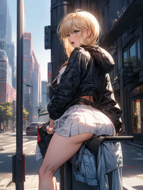 (longshot, looking away, shift off center, draw the face precisely, cinematic perspective), 1woman is standing, (((straddling to hook her butt against the pole on the street for masturbate))), (wearing jacket or dress), (underwear is visible through clothe...