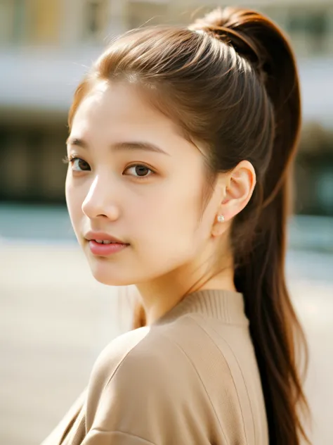 Portrait photo of a 21 year old Japanese woman、(laught:0.7)、Light brown ponytail hair、Complex city background、realistic skin textures、ultra-detailliert、Soft volume light、bokeh dof、(Dramatic light:1.2)、(Neutral colors:1.3)、Looking here