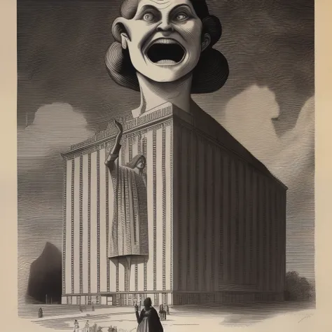 A giant woman holds a building in her right hand and opens her mouth.