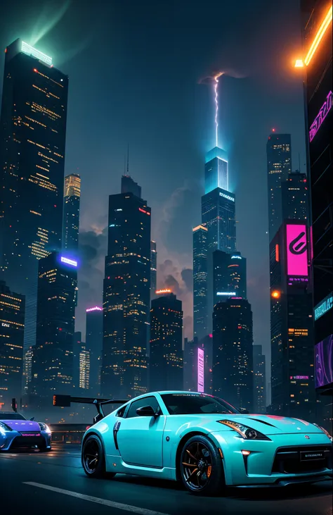 cyberpunk hypercars, soft colors, swirling color smoke, legend, cityscape, space, nissan 350z