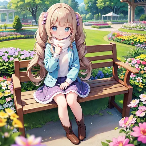 ​master piece , Best Quality，Wallpaper 8k CG, hyper quality, The best ，1girl in,Solo，Seductive smile，
(in Flower garden, Colorful flower garden,Floral scenery:1.5),( Blue sky, cumulonimbus clouds), (pinwheel:1.3),(Wooden bench:1.2),(Many flowers are bloomi...