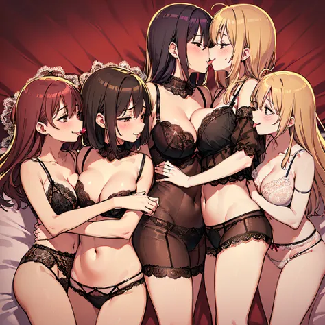 (Best Illustration, masutepiece, NSFW), Bed in the bedroom, A large amount of scattered bras, (Four married women hugging each other on the bed:1.5), (Married women enjoy kissing with their tongues intertwined:1.5), Sheer camisole, (Lace underwear that exp...