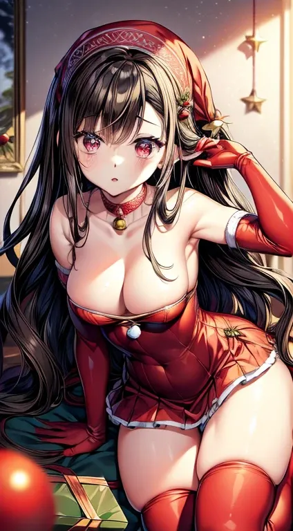 masterpiece, best quality, 1 solo girl, black hair, pink eyes, long hair, wavy hair,l, Christmas ornaments, medium breasts, mature body and face, red santa dress, christmas, christmas light, christmas tree, red gloves, red santa skirt, holding gift, red br...