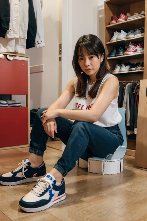 Lin in the pop-up store with upcycling workshop and sneakers