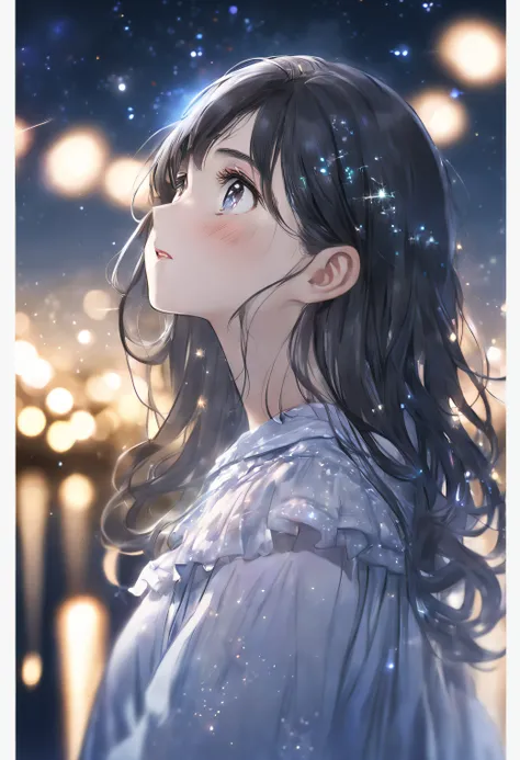 side face focus, eyes focus, cute, masterpiece, best quality, sharp focus, UHD, 1girl, Black hair, looking at the night sky, sparkling eyes, sad expression, dreamy light, sparkle lights, side looking, upper body, night scene,