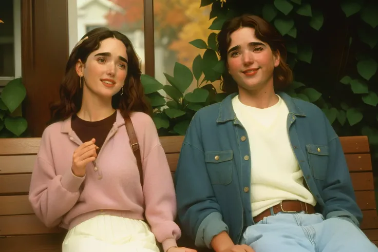 1996, Berkshire County, Massachusetts. Pre-raphaelite ((((44-year-old)) Jennifer Connelly)), with a stubble man, front porch bench, smile, ((happiness expression)), autumn, ((((casual Clothing from the 1990s)))), ((short Hairstyle of the 1990s)), ((Wes And...