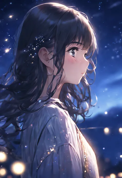 side face focus, eyes focus, cute, masterpiece, best quality, sharp focus, UHD, 1girl, Black hair, looking at the night sky, sparkling eyes, sad expression, dreamy light, sparkle lights, side looking, upper body, night scene,