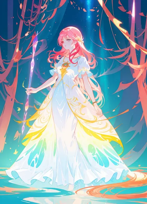 Beautiful girl, vestido de baile em camadas em camadas inchado, magical forest, vibrant pastel colors, (colorido), cabelos longos dourados brilhantes, magic lights, Shimmering Magic Liquid, inspirado em Glen Keane, inspirado em Lois van Baarle, estilo de a...