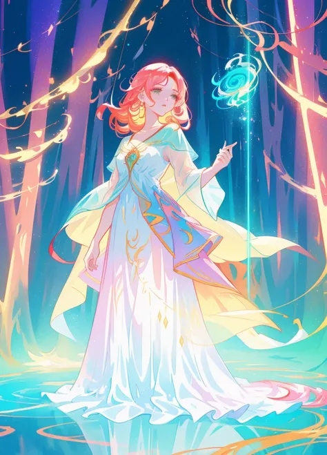 Beautiful girl, vestido de baile em camadas em camadas inchado, magical forest, vibrant pastel colors, (colorido), cabelos longos dourados brilhantes, magic lights, Shimmering Magic Liquid, inspirado em Glen Keane, inspirado em Lois van Baarle, estilo de a...